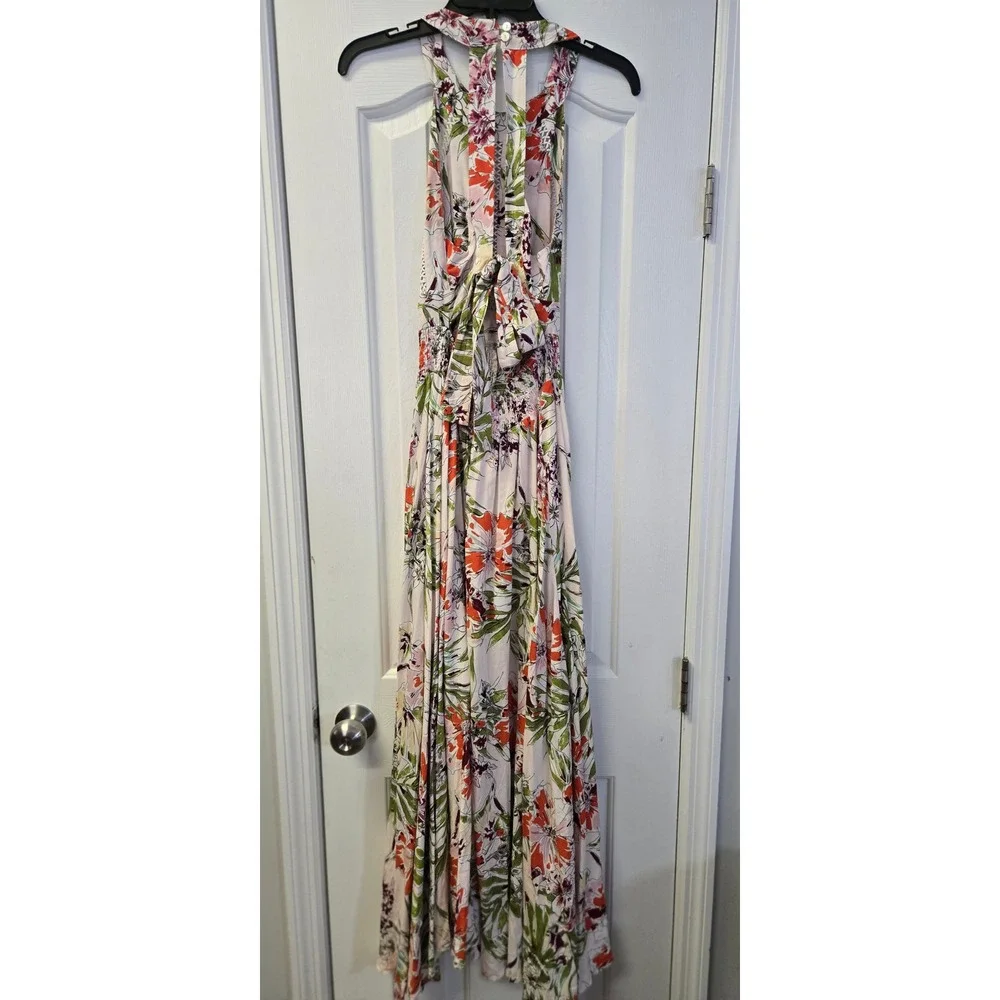 Axel The Label Pink Floral Halter Maxi Dress Smocked Waist Small Tropical Boho